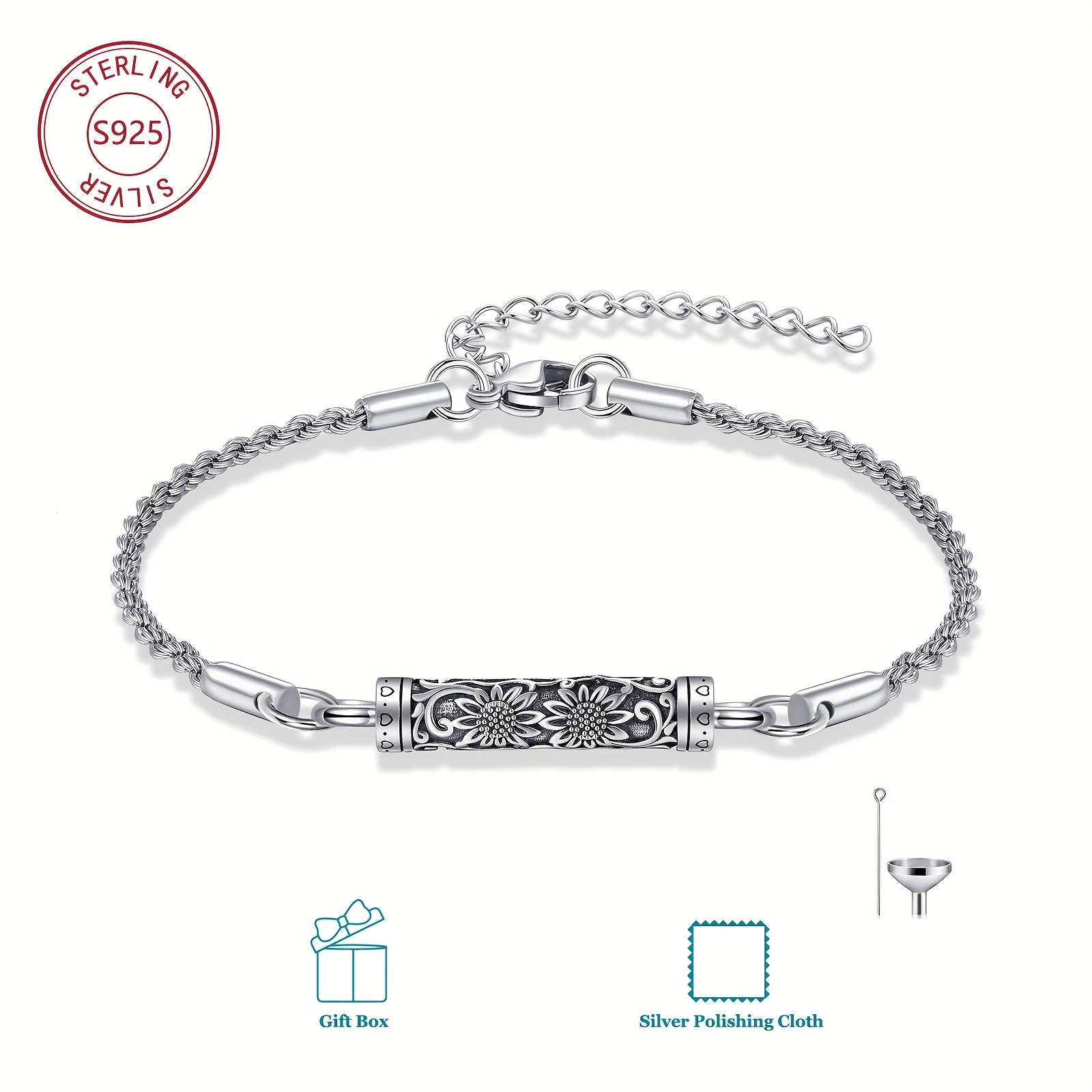 925 Sterling Silver Sunflower Urn Bracelet, Keepsake Jewellery